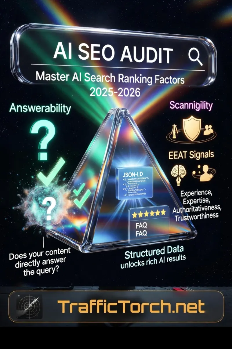 Vertical infographic guide to Answerability, Structured Data, EEAT Signals, Scannability – what it is, how it's measured, why it matters for AI search visibility