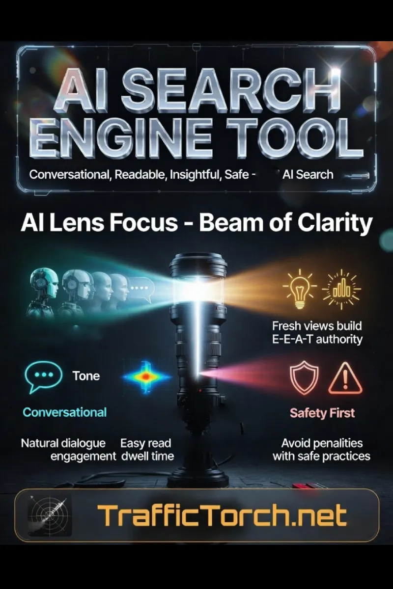 AI Search Optimization Infographic – Key Strategies: Conversational Tone, Readability, Unique Insights, Anti-AI Safety, powered by Traffic Torch
