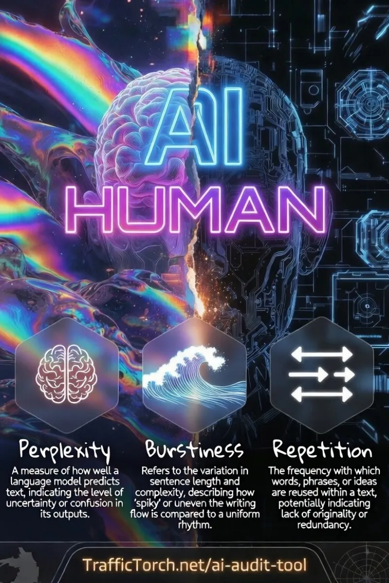 AI vs Human Content Infographic – Perplexity, Burstiness, Repetition – Traffic Torch AI Audit Tool