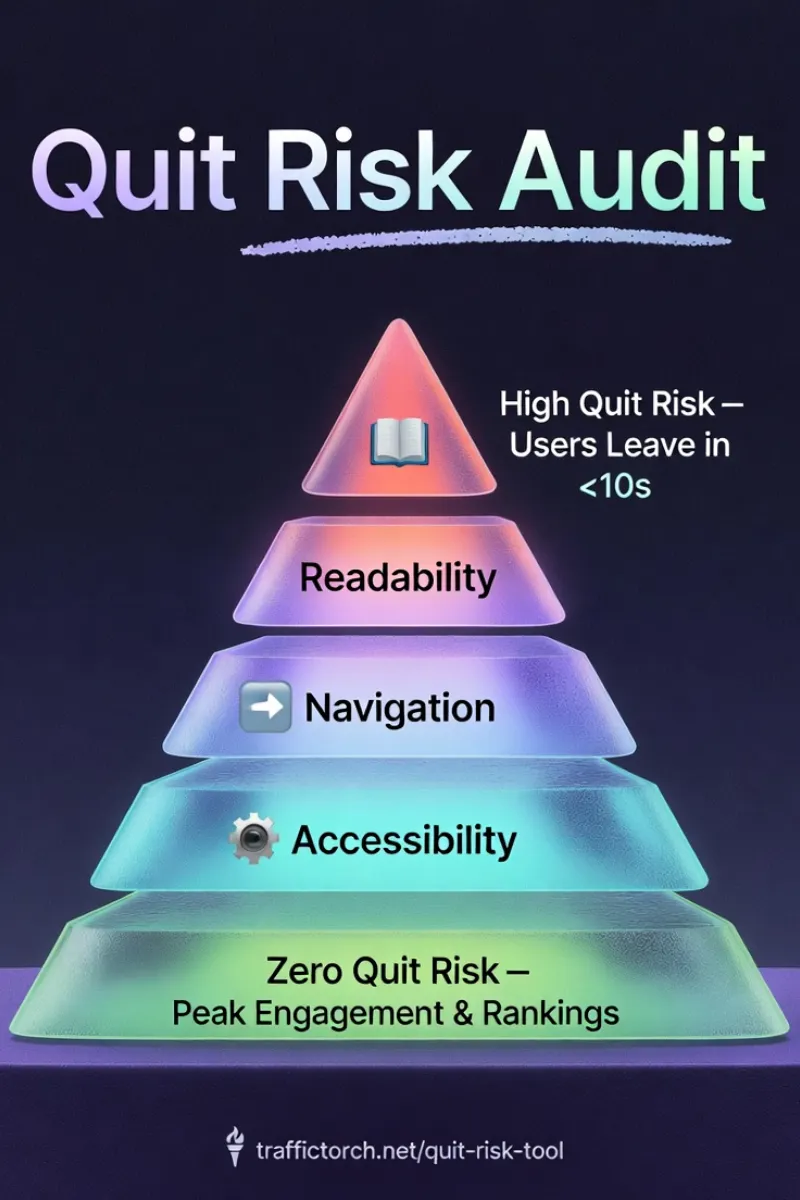 Quit Risk Pyramid Infographic – Readability, Navigation, Accessibility layers reducing user quit risk from high to zero