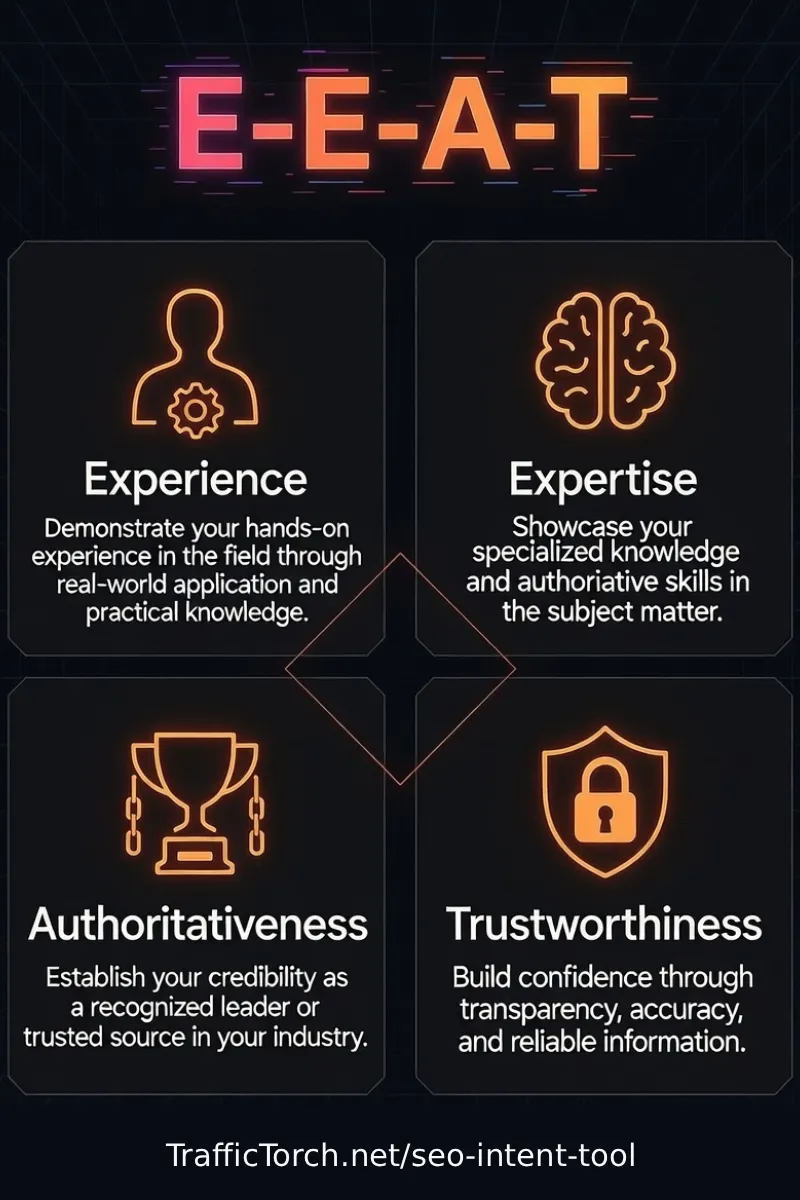 SEO E-E-A-T Infographic – Neon Cyber Grid showing Experience, Expertise, Authoritativeness, Trustworthiness pillars