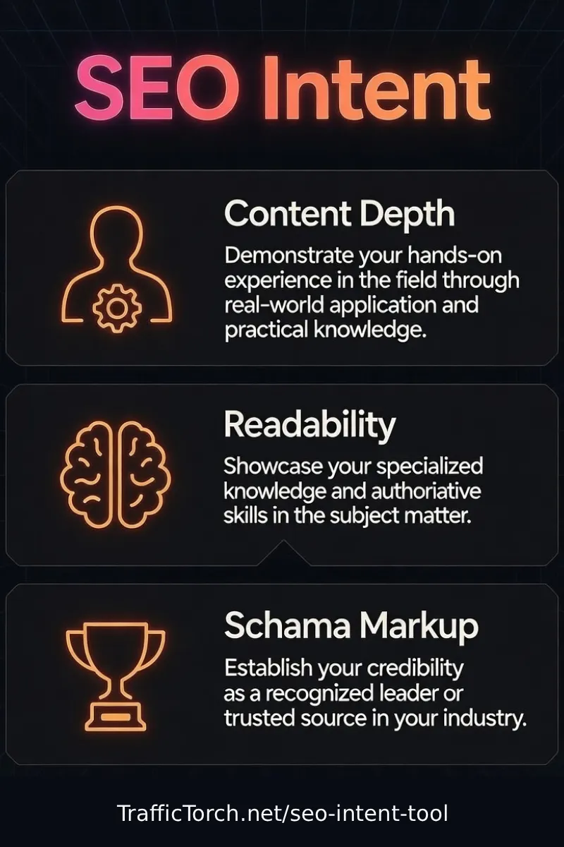 SEO Intent Journey Infographic – Vertical flow from Content Depth → Readability → Schema Markup for better rankings and user satisfaction