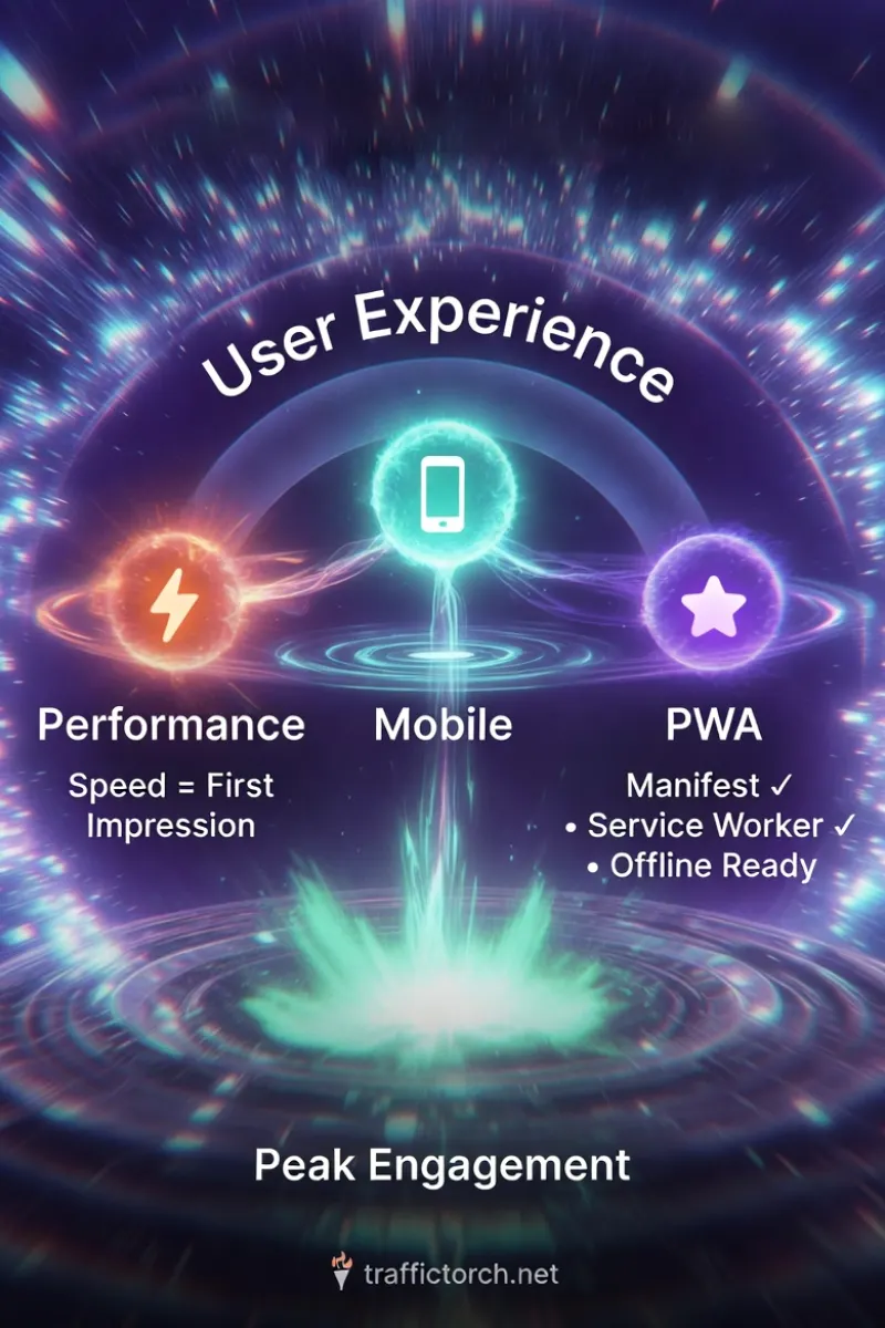 UX Flow Reactor Infographic – Performance, Mobile, PWA as energy cores powering peak engagement and zero quit risk