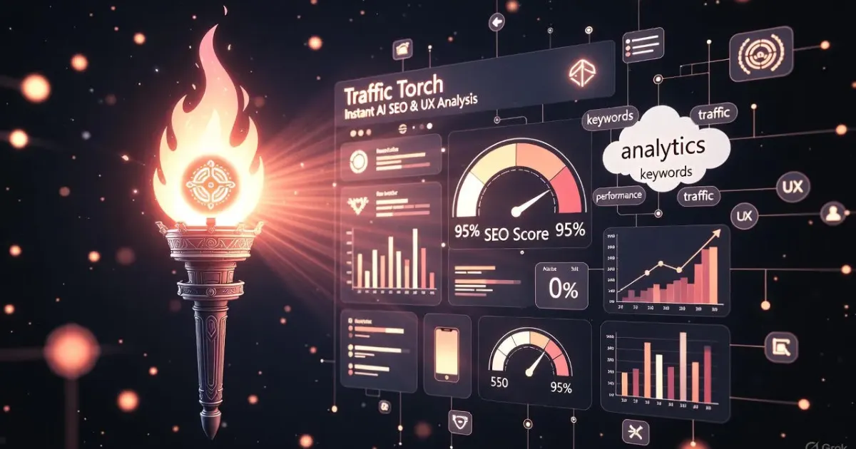 Traffic Torch illuminating SEO dashboard – Instant AI-powered 360° SEO and UX health score analysis with competitive gaps and predictive insights