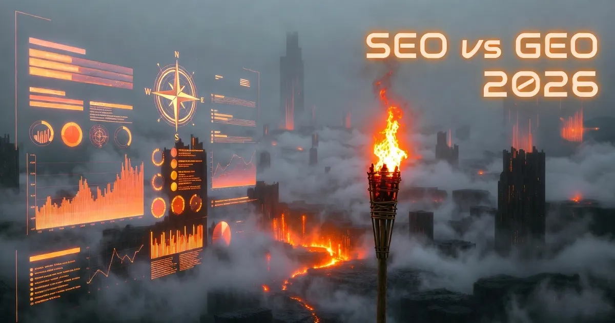 State of SEO & GEO in 2026 – Futuristic digital landscape with torch illuminating search rankings, backlinks, AI Overviews, zero-click trends, and Generative Engine Optimization insights – Traffic Torch
