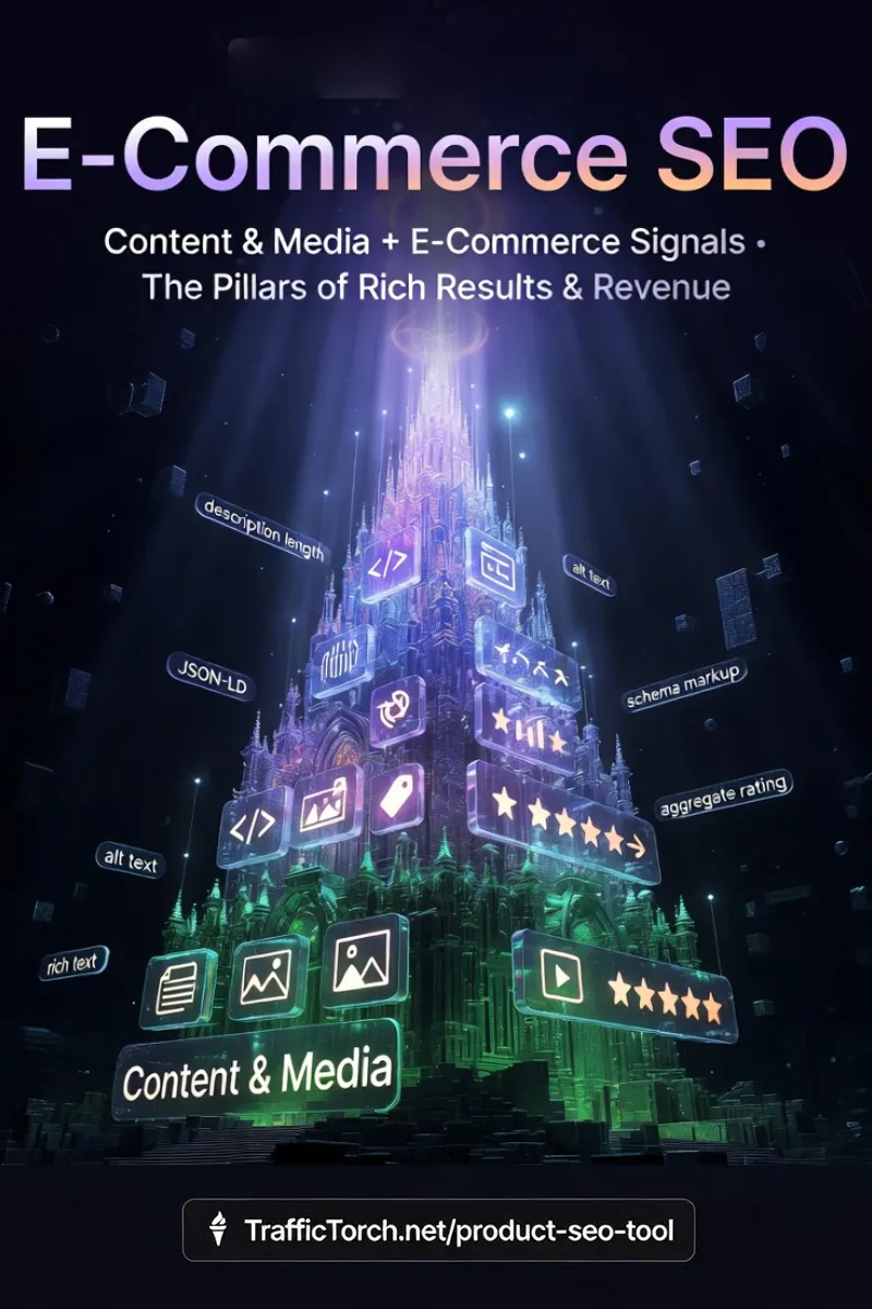 Product SEO Infographic – Content & Media and E-Commerce Signals pillars with rich results focus